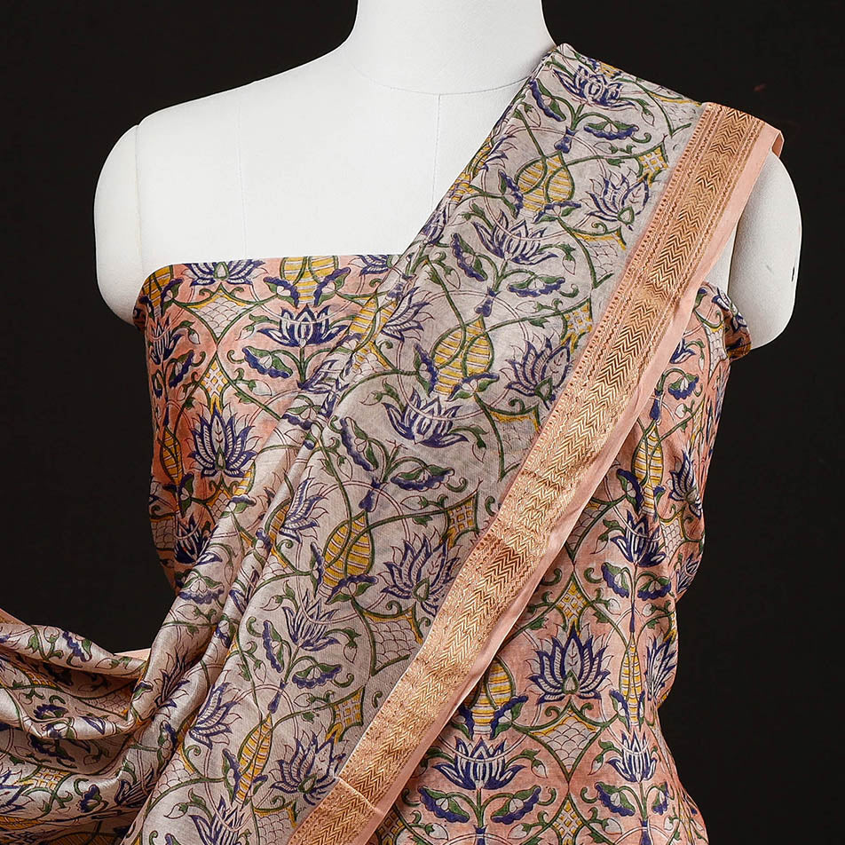  3pc Sanganeri Block Printed Maheshwari Silk Suit Material Set 