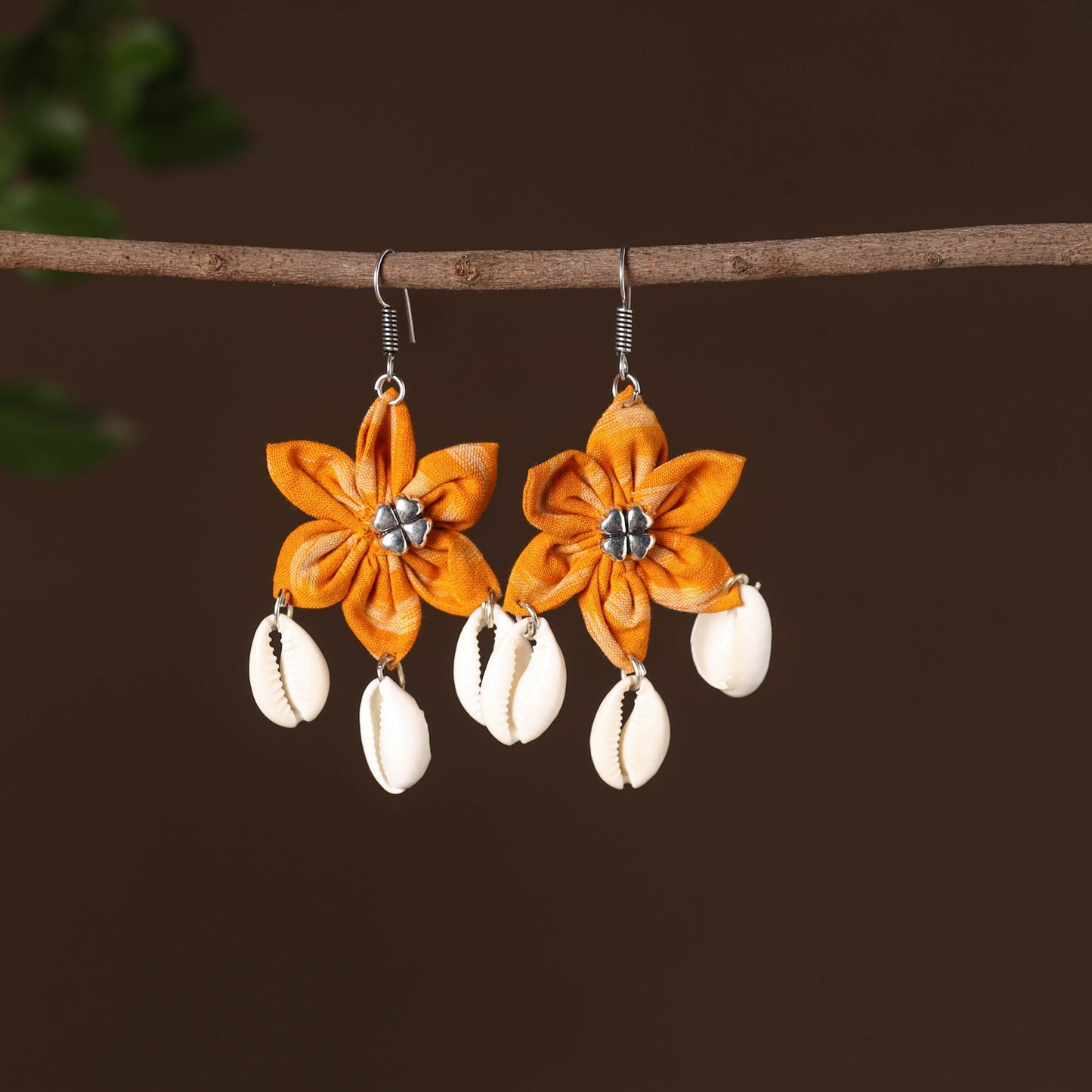 Orange - abira fabart phool kali shell earrings