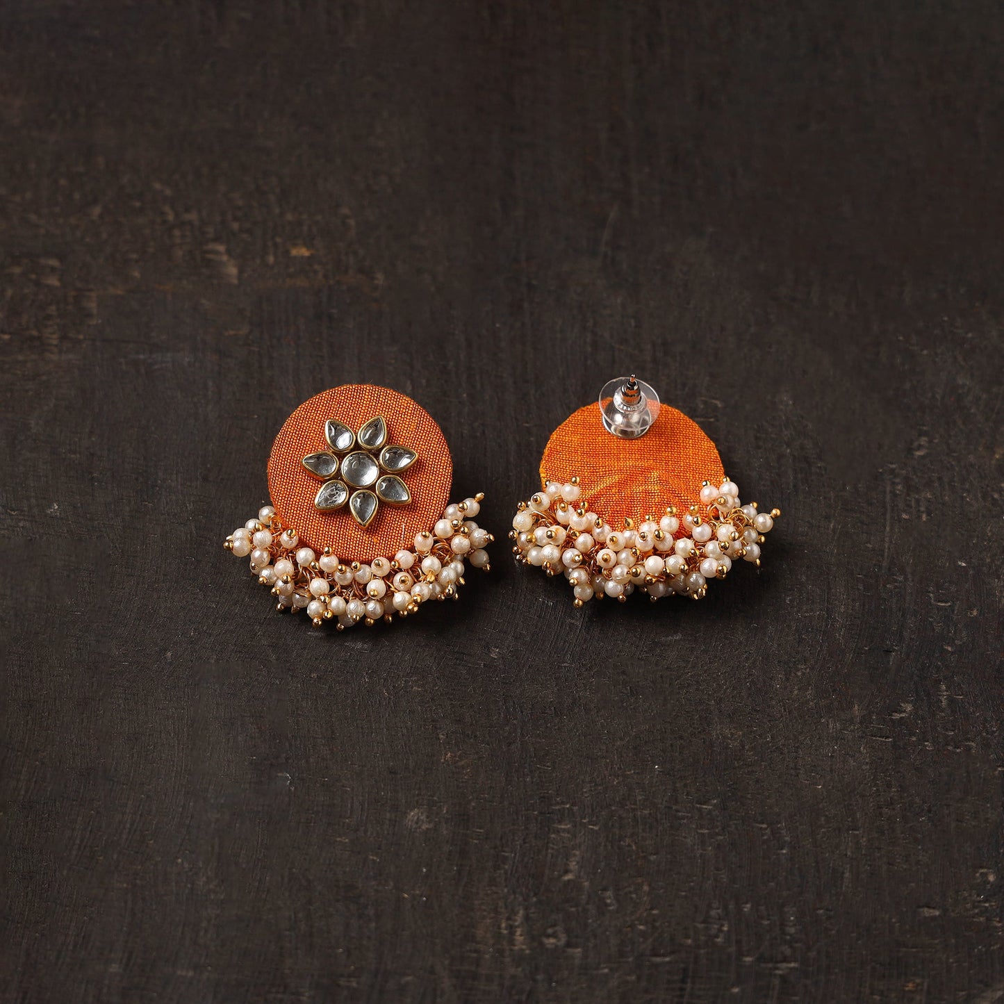 Orange - alfiya fabart earrings with kundan & beads