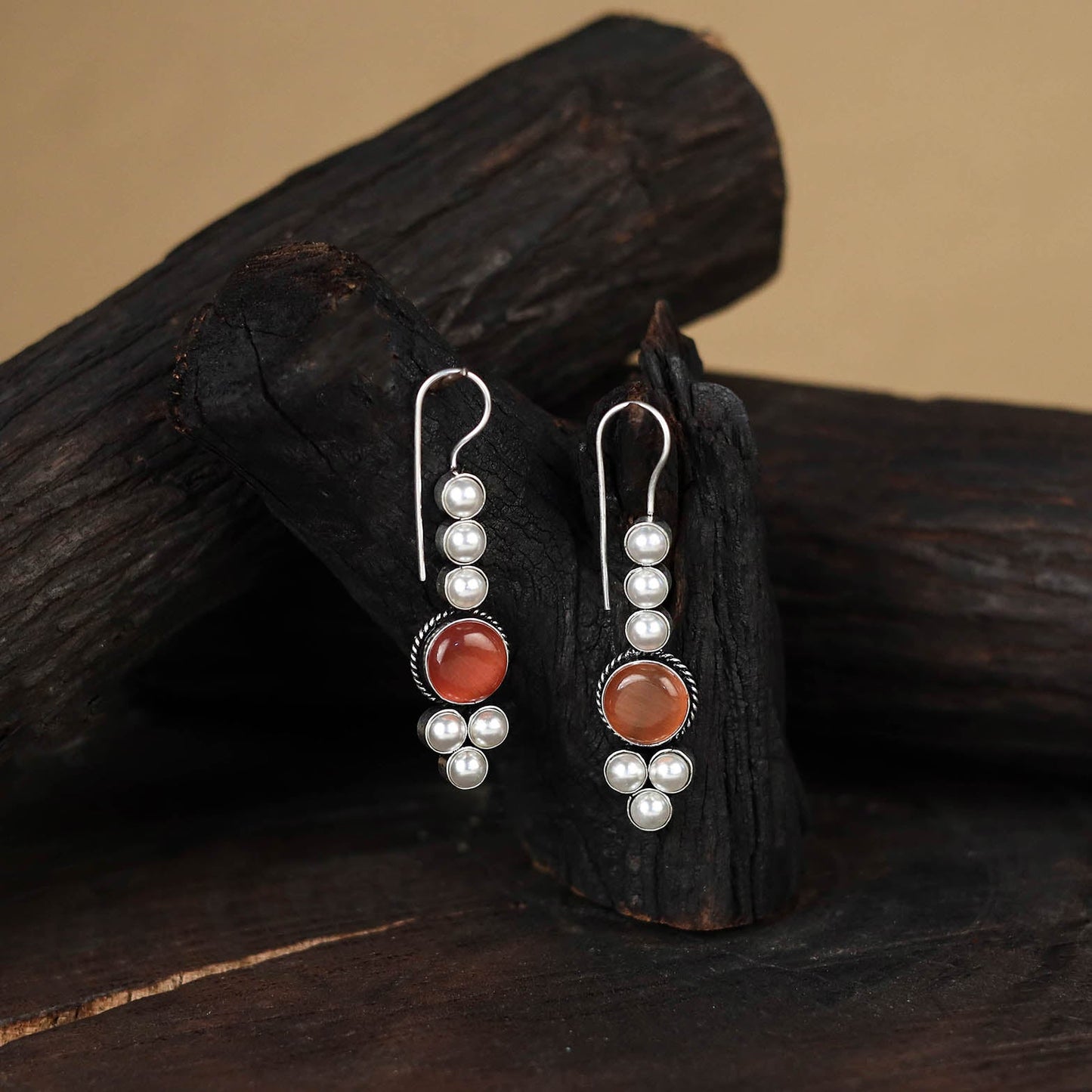 Orange - antique silver finish oxidised stone work earrings
