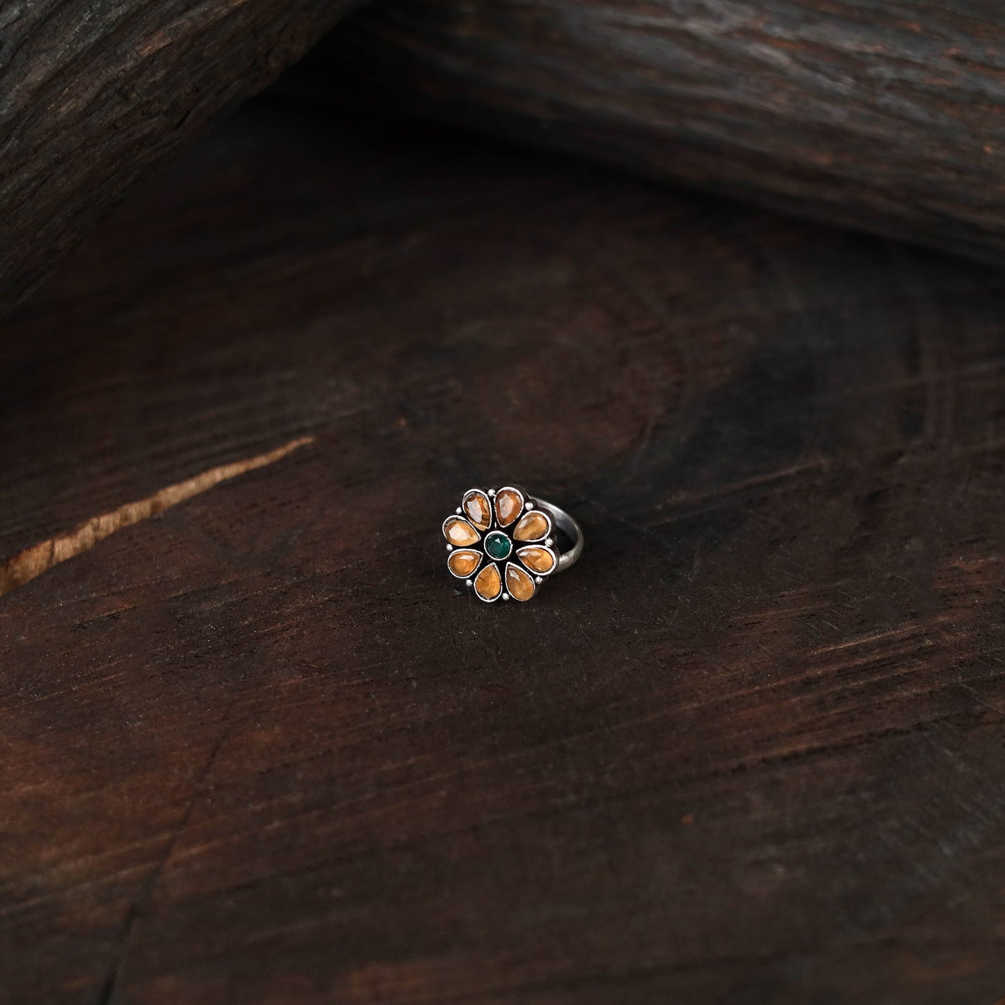 Orange - antique silver finish oxidised stone work ring 77