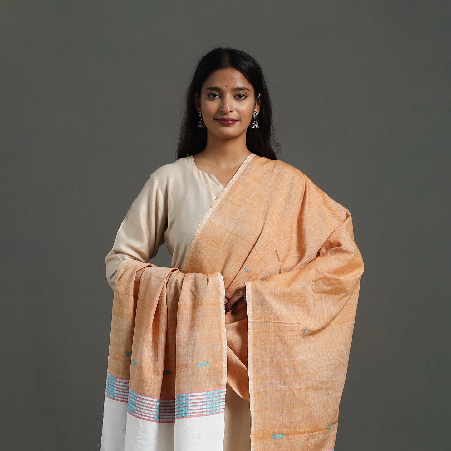 Orange - assam weave thread buti cotton handloom dupatta 17