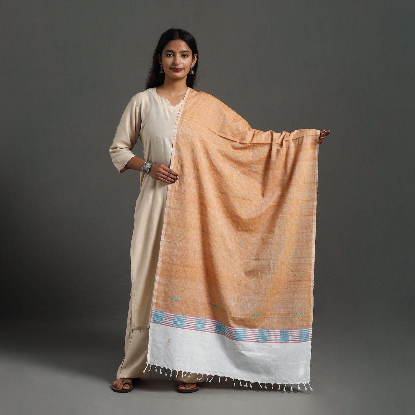 Orange - assam weave thread buti cotton handloom dupatta 17