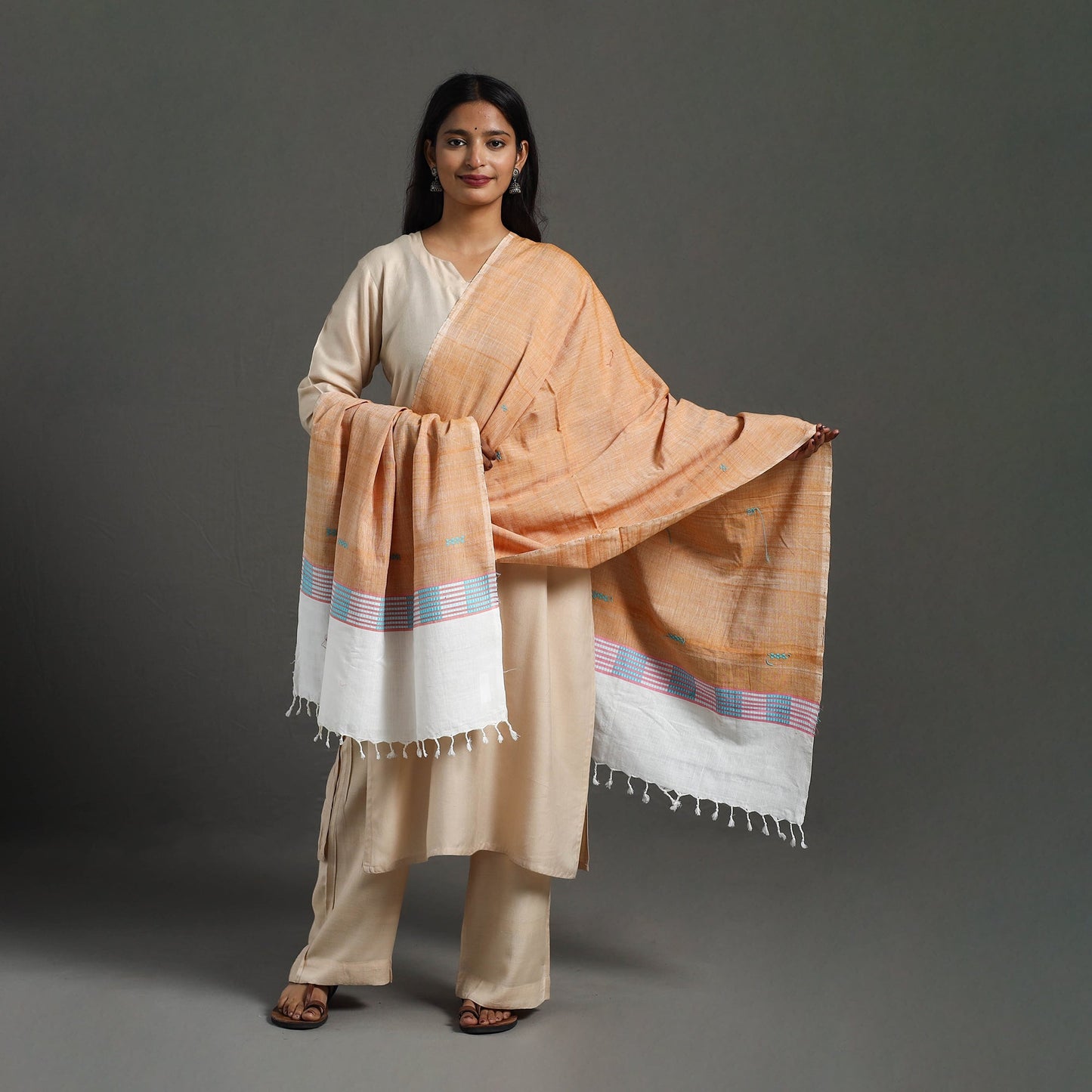Orange - assam weave thread buti cotton handloom dupatta 17