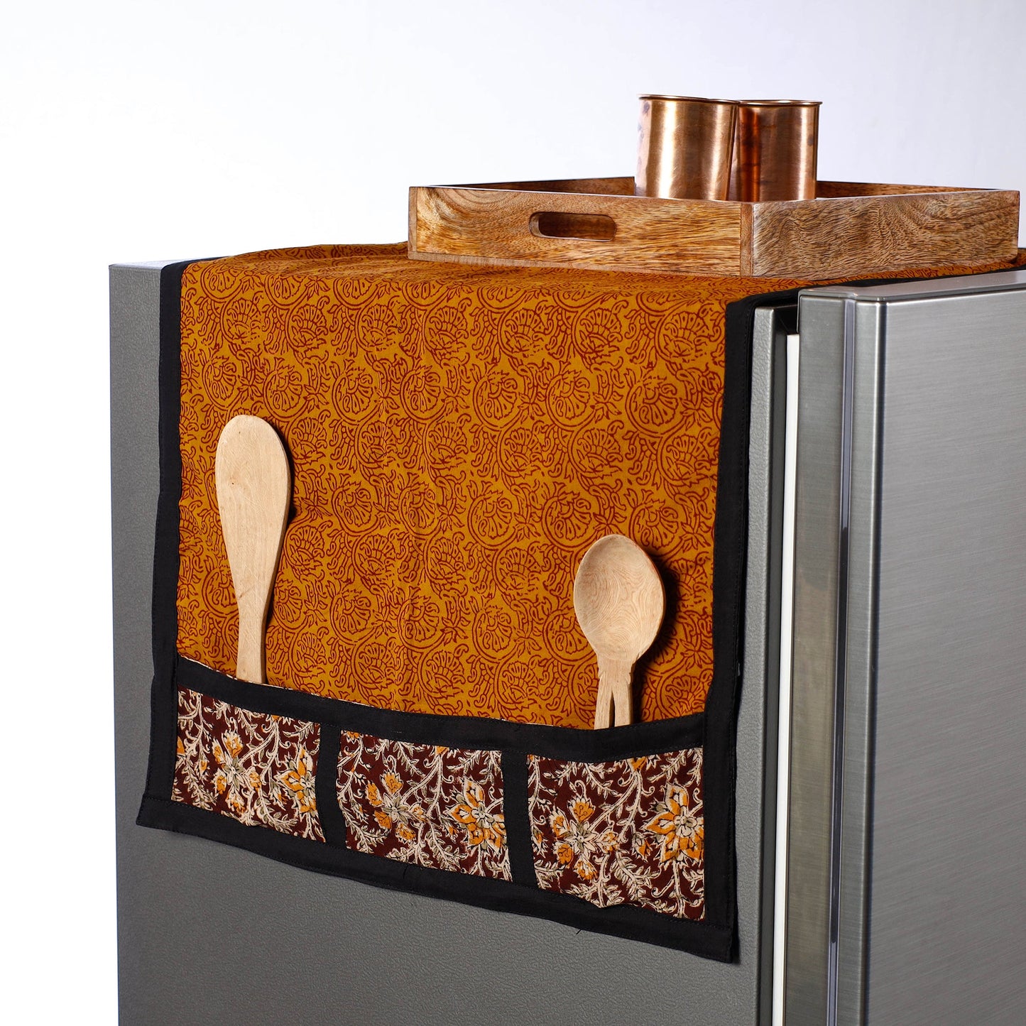 Orange Bagh Block Printed Cotton Fridge Top Cover with Pockets