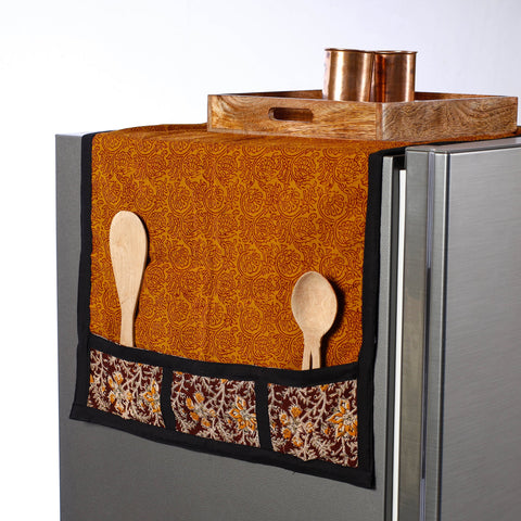 Orange Bagh Block Printed Cotton Fridge Top Cover with Pockets