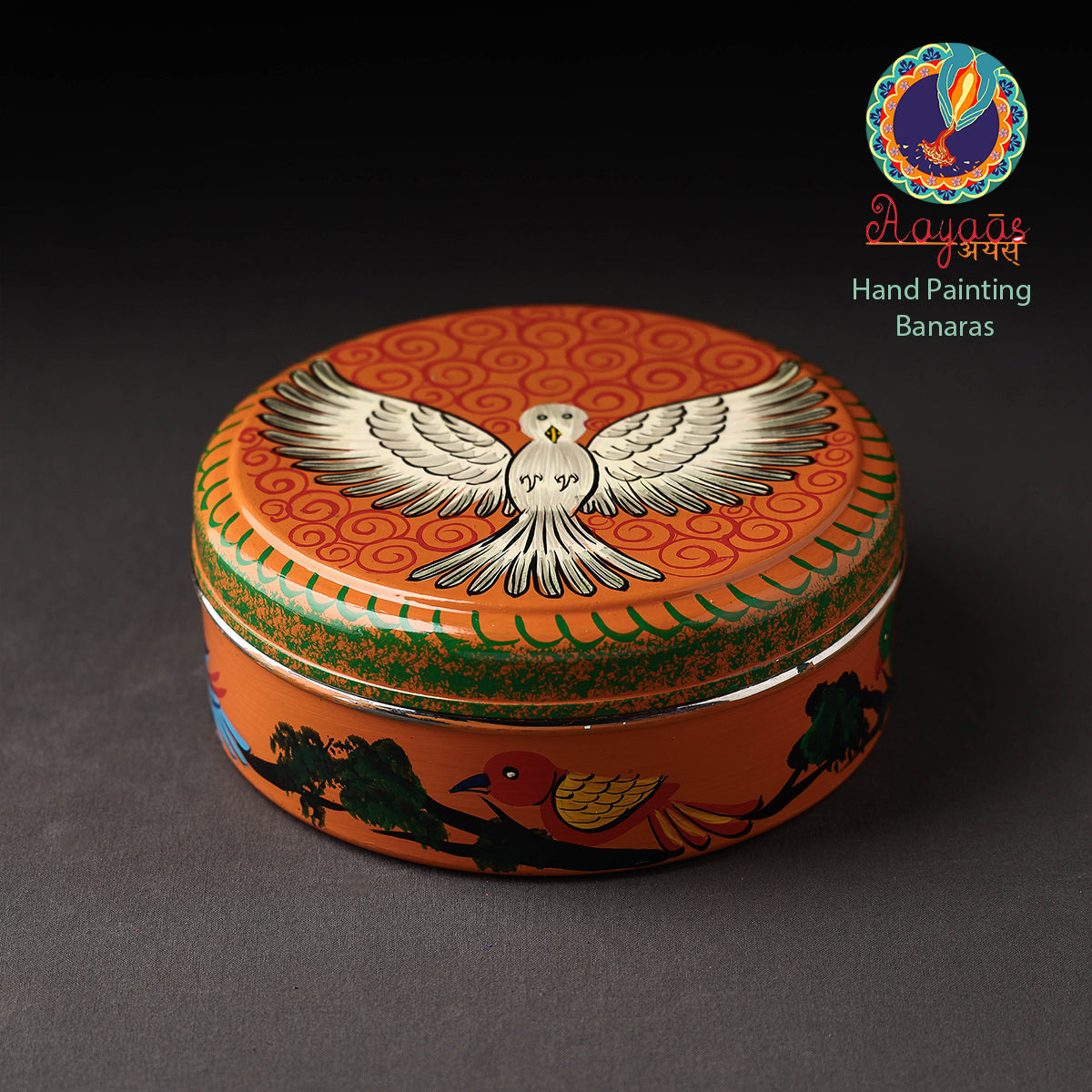 Banaras Handpainted Stainless Steel Orange Masala Box 
