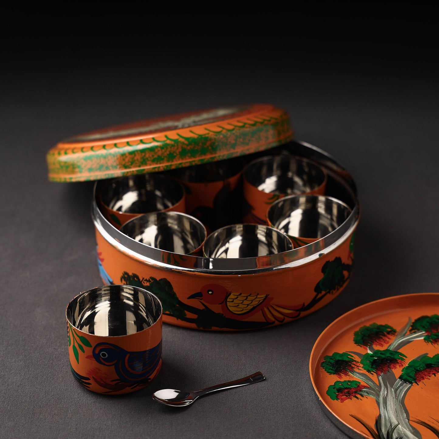 Banaras Handpainted Stainless Steel Orange Masala Box 