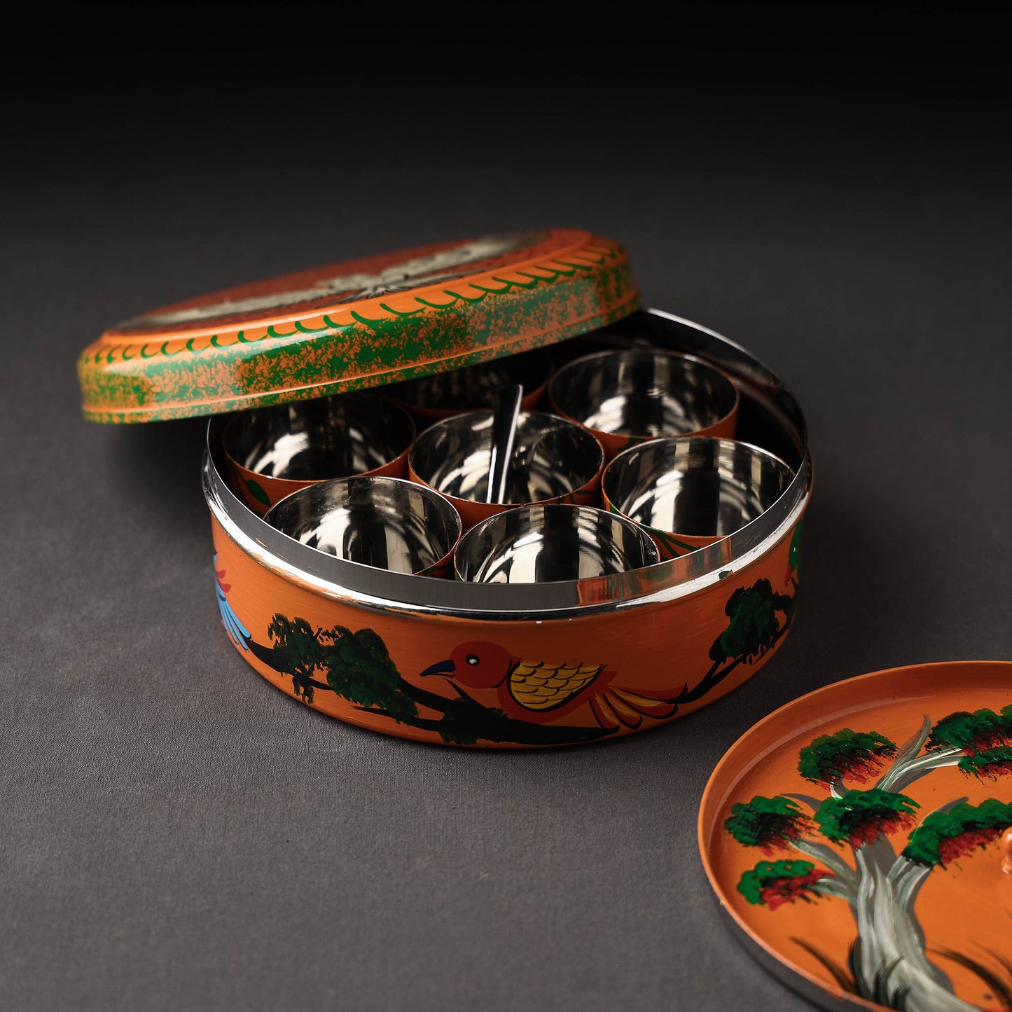 Banaras Handpainted Stainless Steel Orange Masala Box 