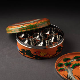Banaras Handpainted Stainless Steel Orange Masala Box 