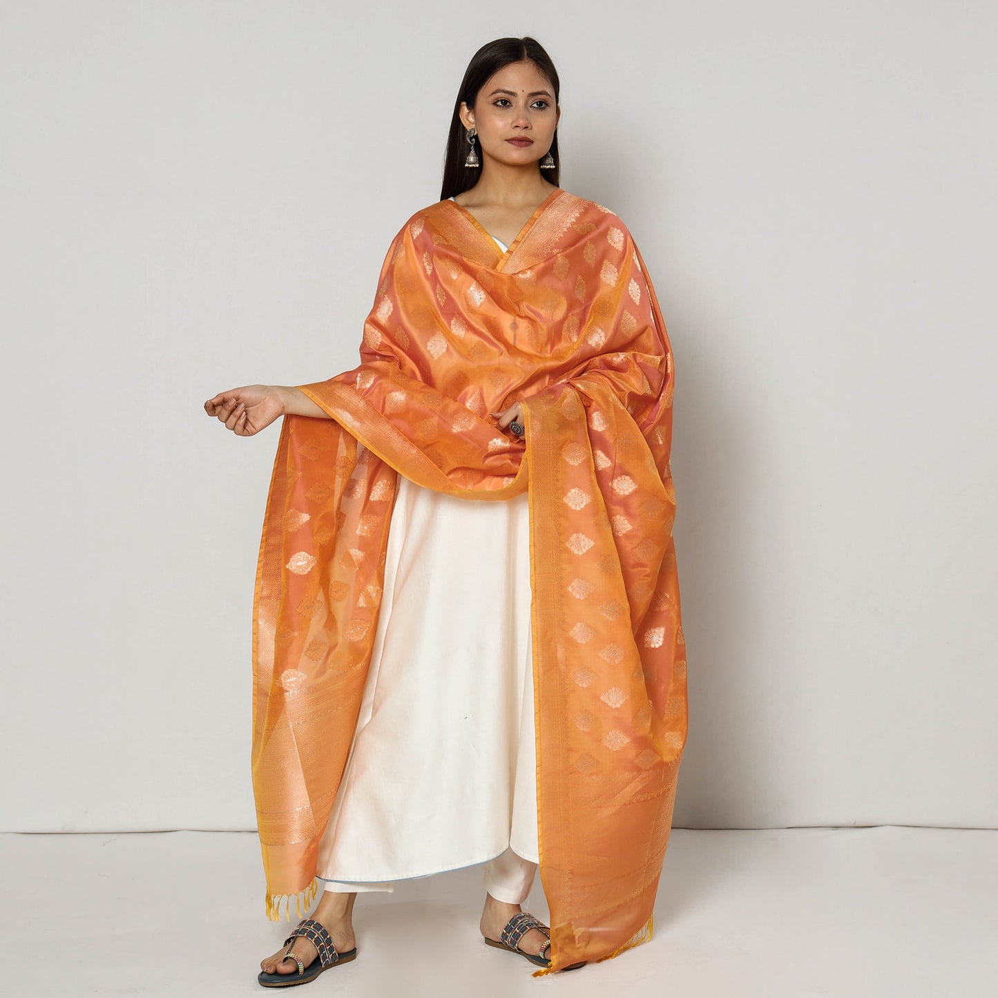 Orange - Banarasi Silk Handwoven Zari Buti Dupatta with Tassels