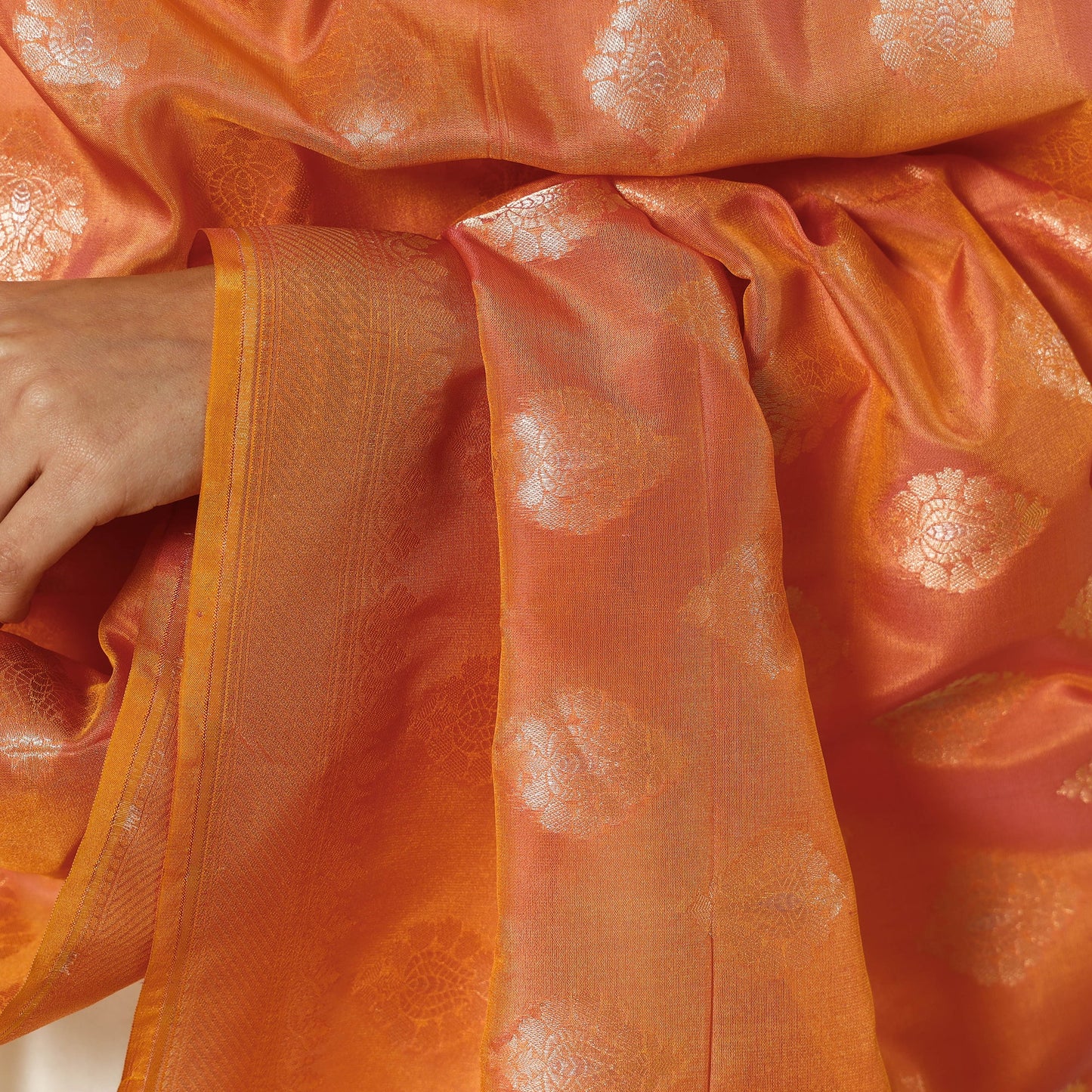 Orange - Banarasi Silk Handwoven Zari Buti Dupatta with Tassels