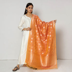 Orange - Banarasi Silk Handwoven Zari Buti Dupatta with Tassels