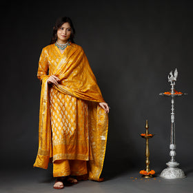 Orange Banarasi Silk Zari Work Kurta with Palazzo & Dupatta Set