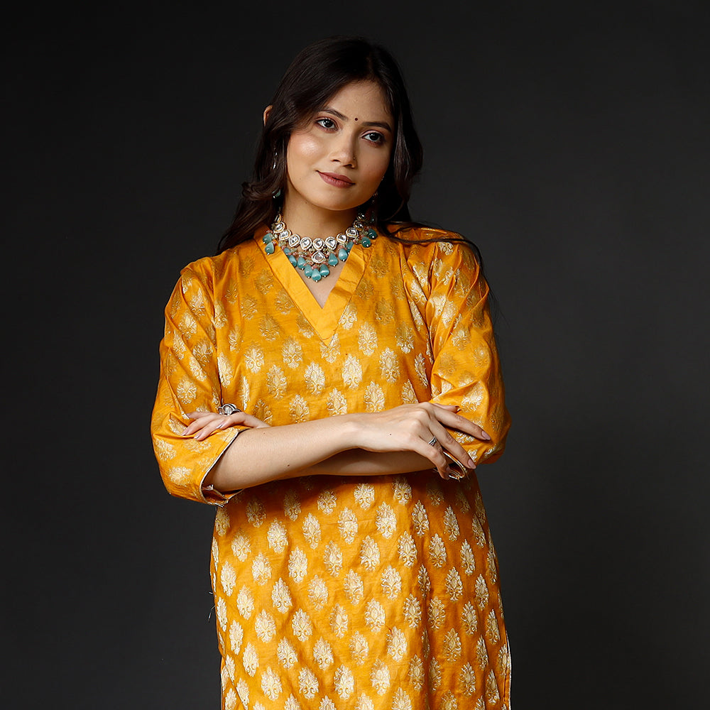 Orange Banarasi Silk Zari Work Kurta with Palazzo & Dupatta Set