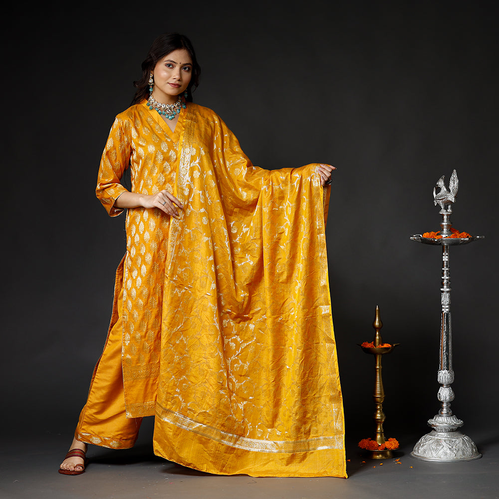 Orange Banarasi Silk Zari Work Kurta with Palazzo & Dupatta Set