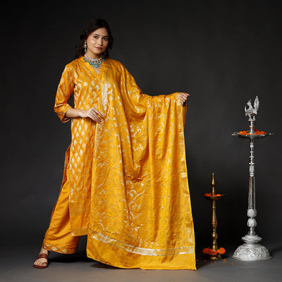 Orange Banarasi Silk Zari Work Kurta with Palazzo & Dupatta Set