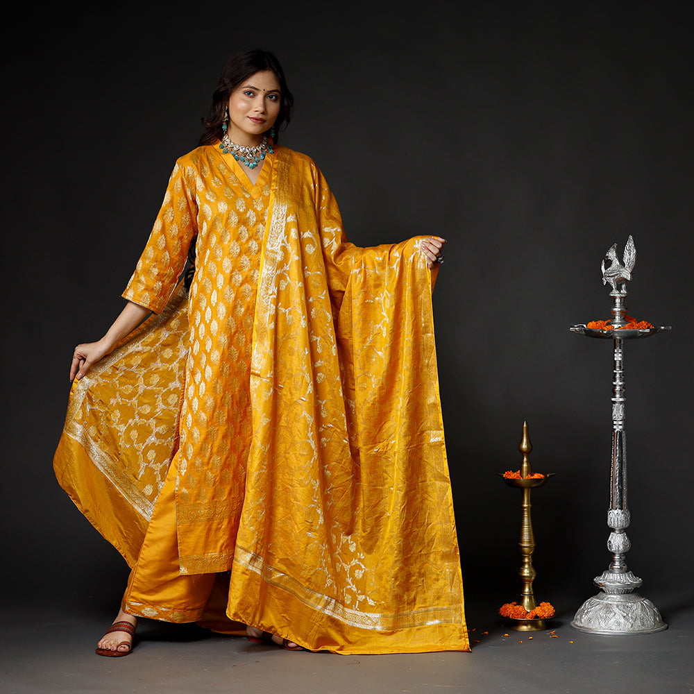 Orange Banarasi Silk Zari Work Kurta with Palazzo & Dupatta Set