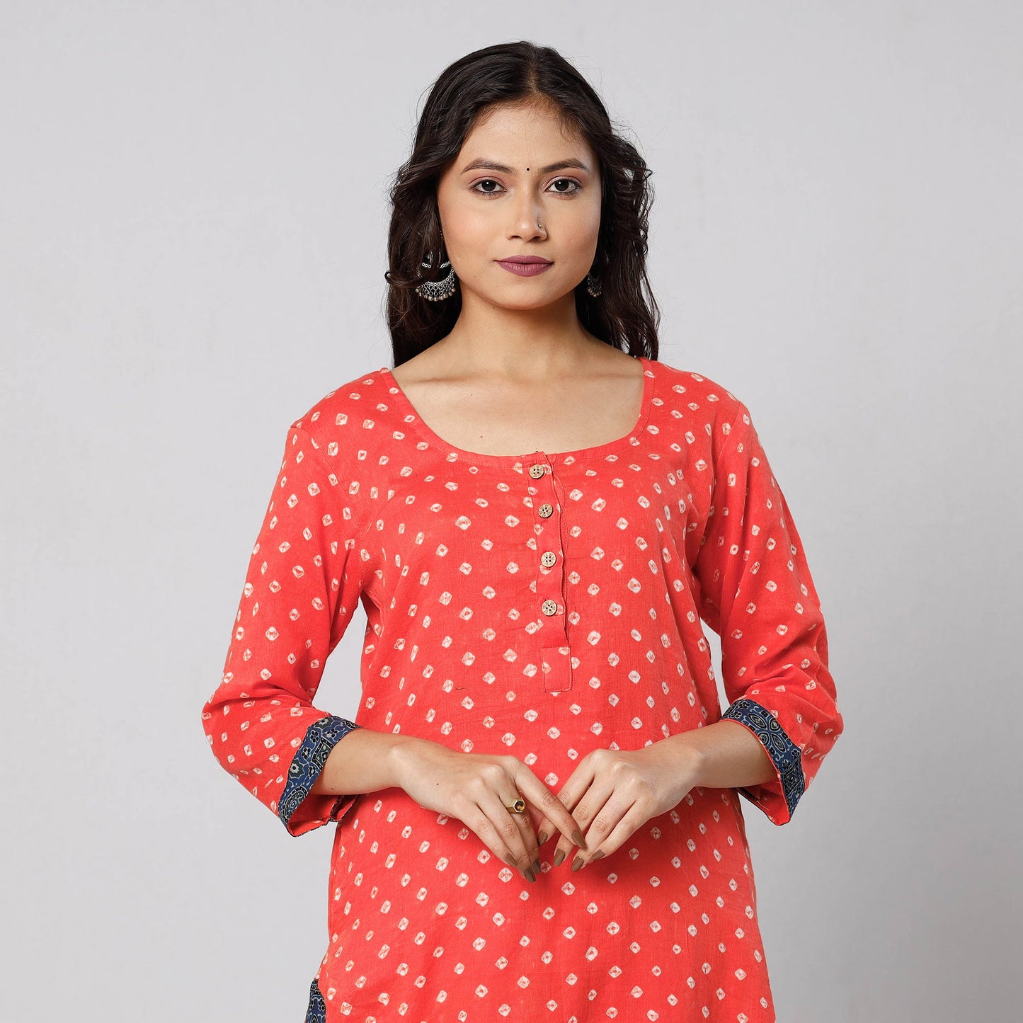 Orange - bandhani tie-dye cotton long kurta - handcrafted