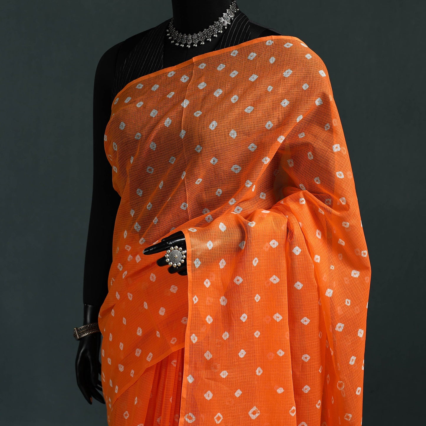 Orange - Bandhani Tie-Dye Kota Doria Cotton Saree 23