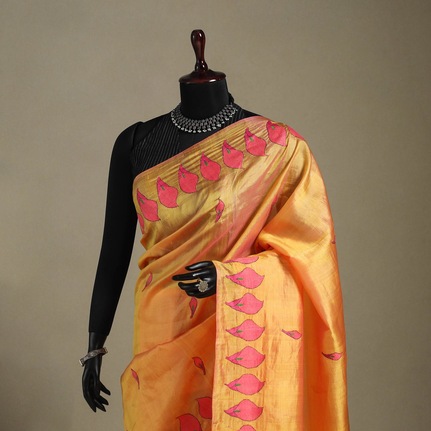 Orange - bengal hand embroidery banarasi silk handloom