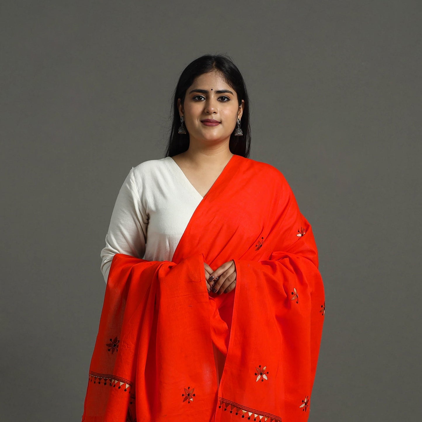 Orange - bengal kantha work dupatta in cotton 30