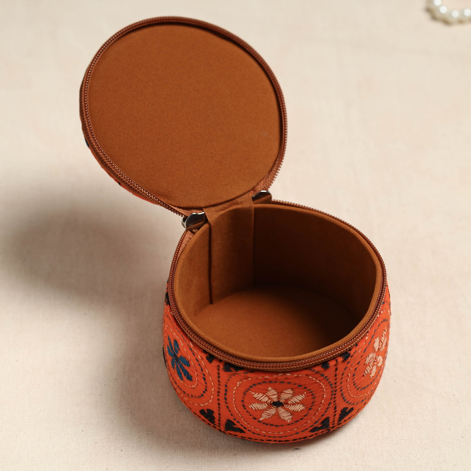 Bengal Kantha Work Handcrafted Round Orange Utility Box