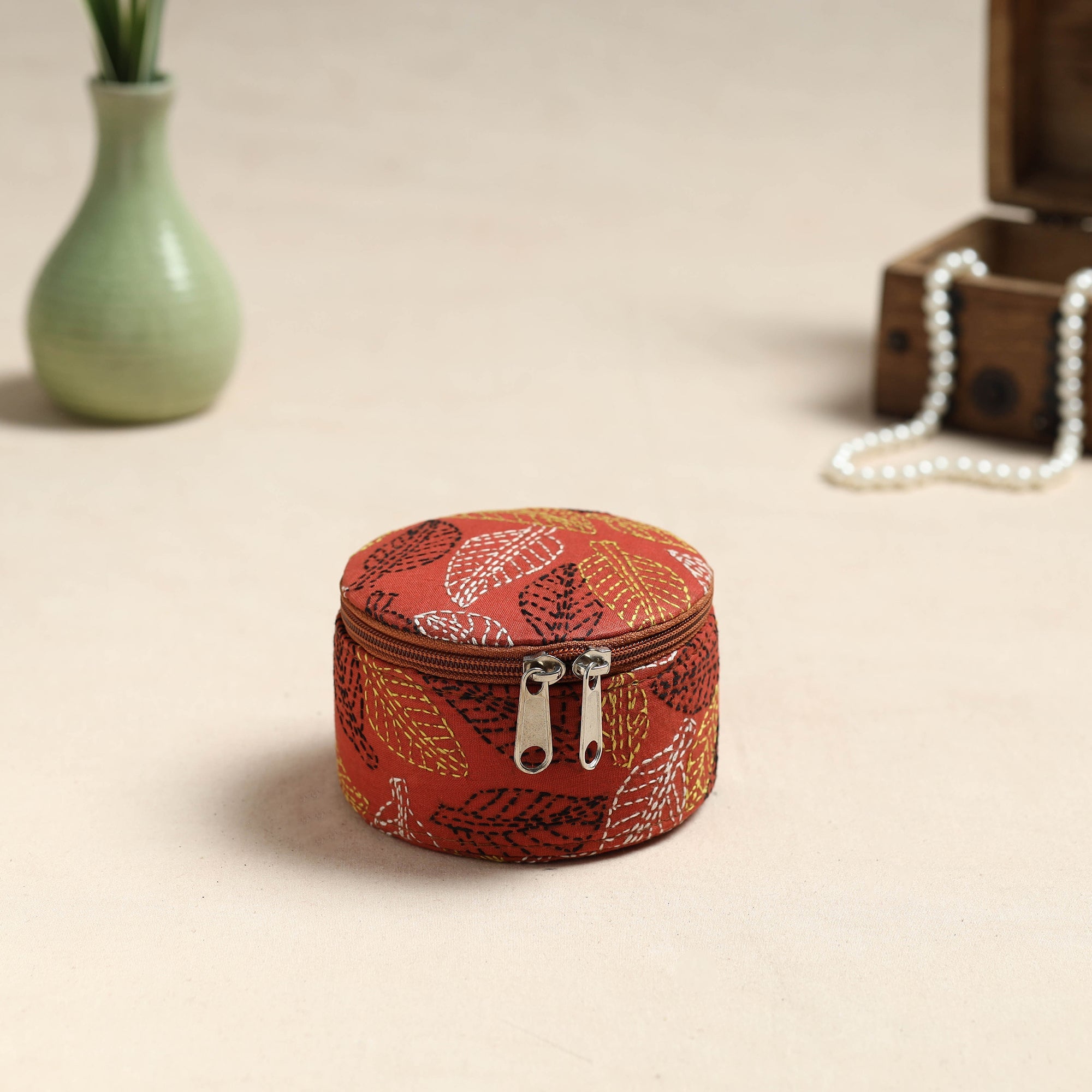Bengal Kantha Work Handcrafted Round Orange Utility Box