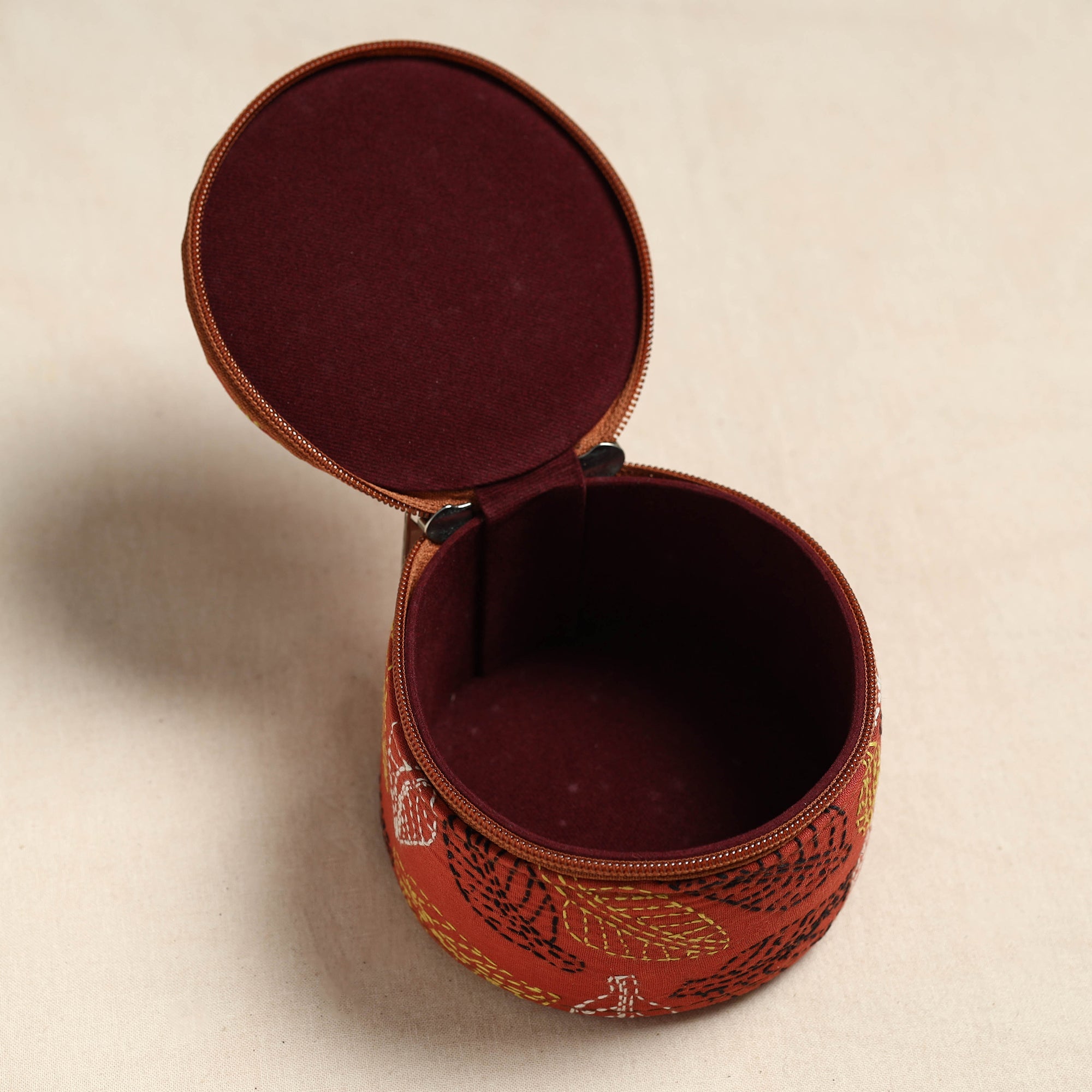 Bengal Kantha Work Handcrafted Round Orange Utility Box