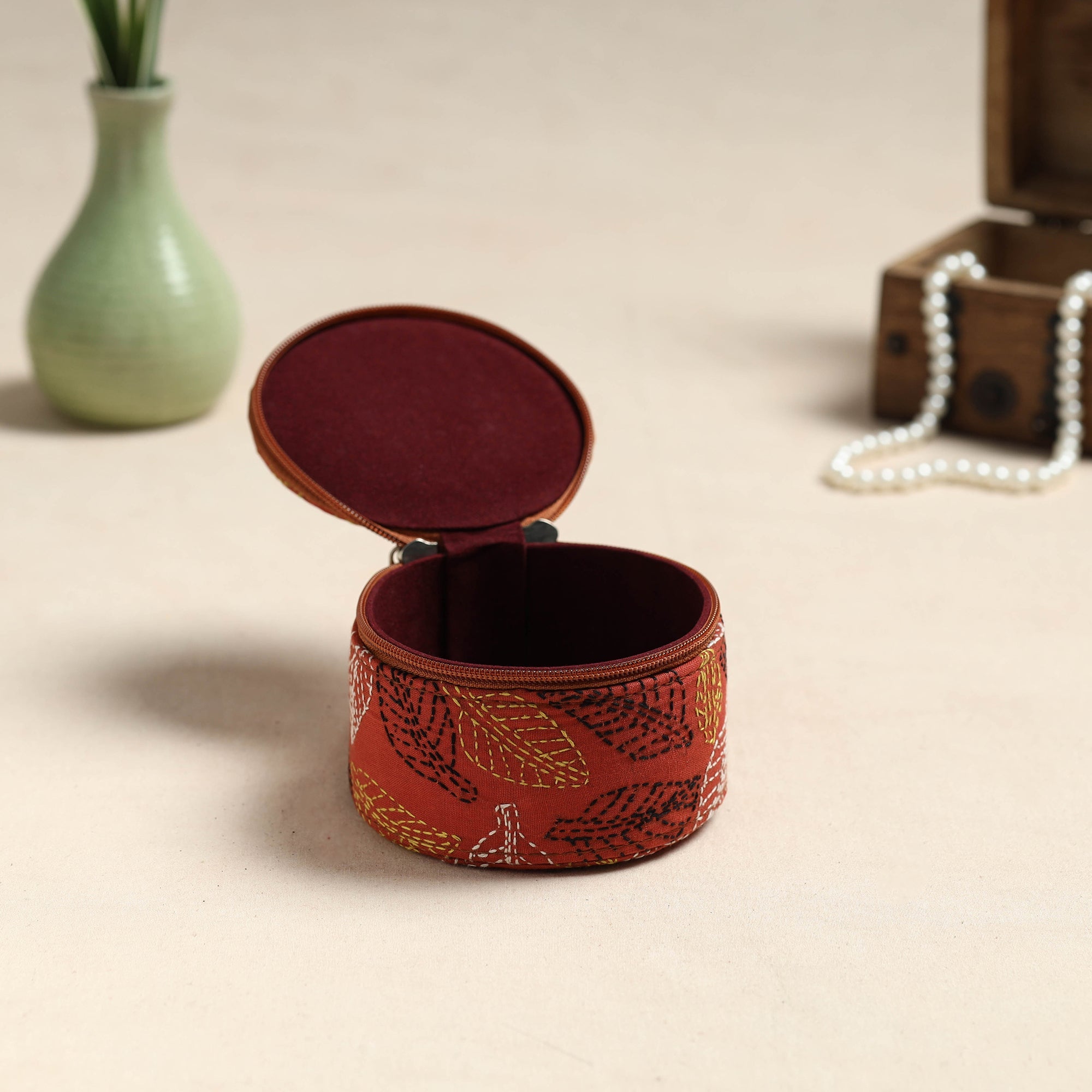 Bengal Kantha Work Handcrafted Round Orange Utility Box