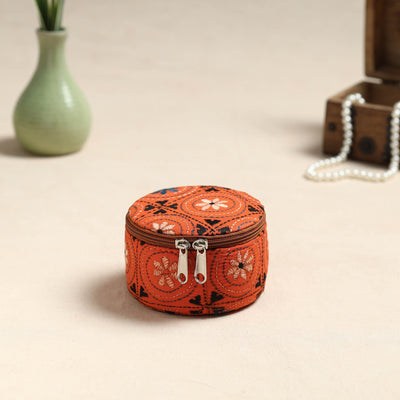 Bengal Kantha Work Handcrafted Round Orange Utility Box