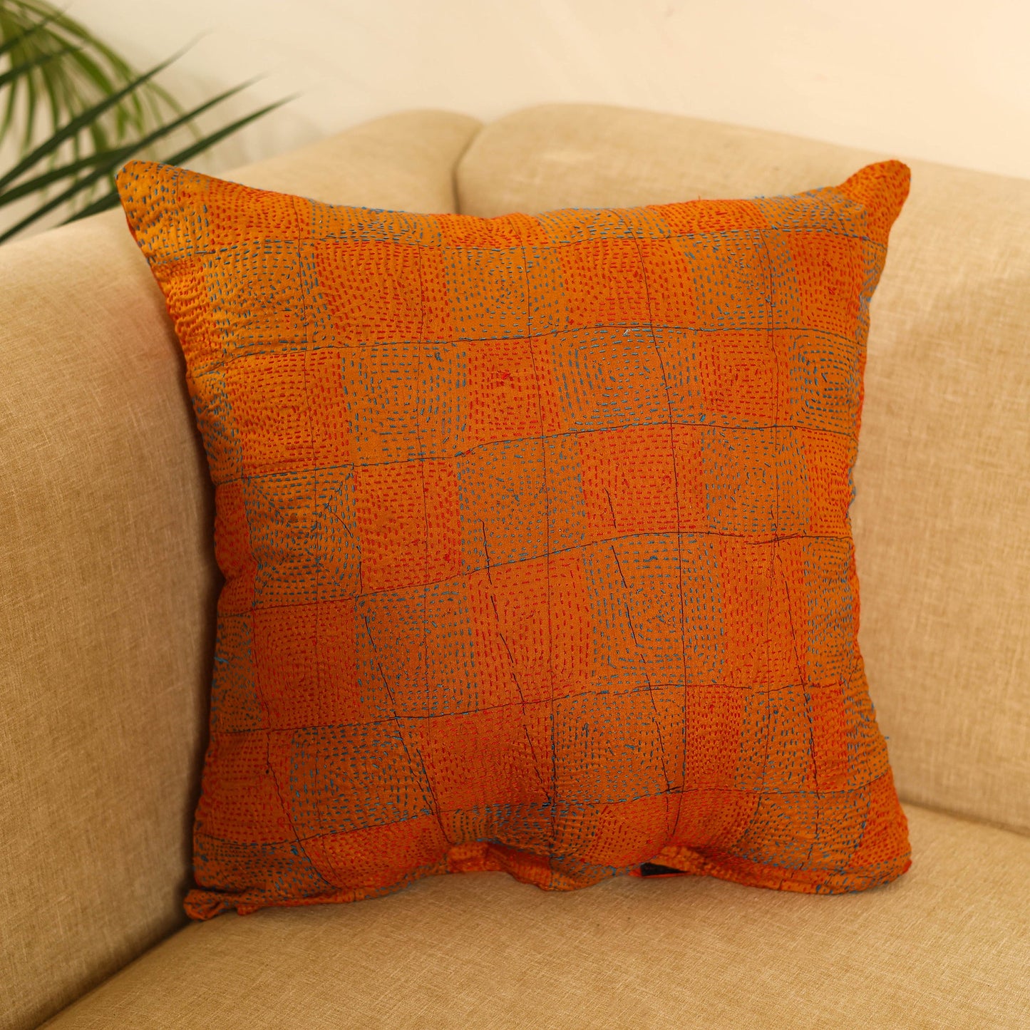  Orange Bengal Kantha Work Reversible Silk Cushion Cover