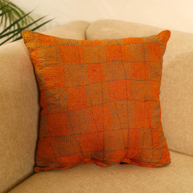  Orange Bengal Kantha Work Reversible Silk Cushion Cover