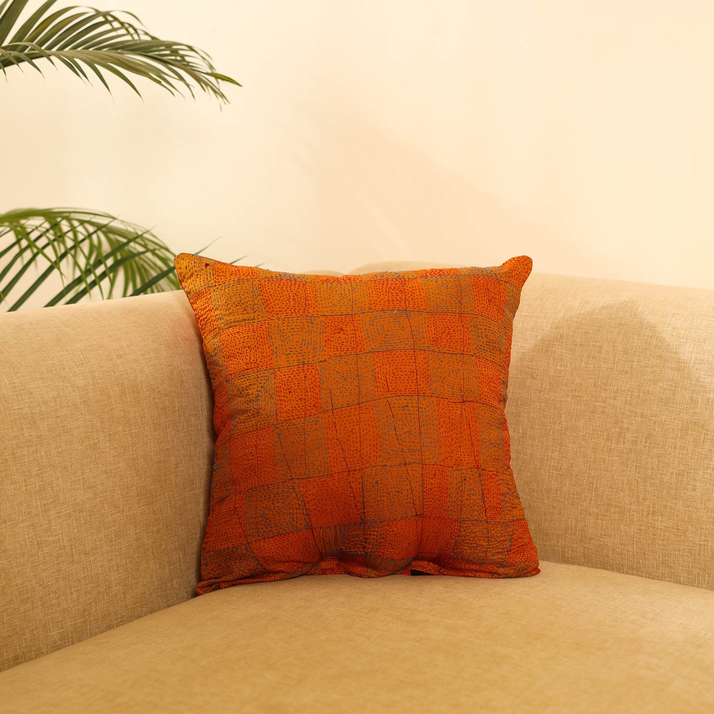  Orange Bengal Kantha Work Reversible Silk Cushion Cover