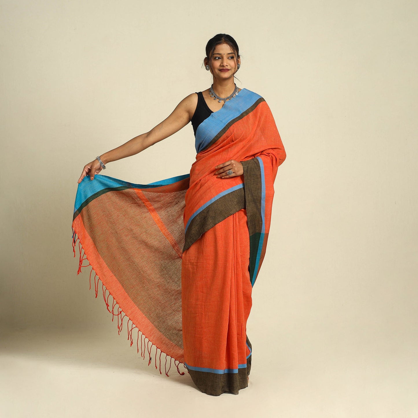 Orange - bishnupur mul cotton saree from bengal 02
