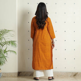 Orange Block Print Cotton Pintuck Straight Bagh Kurta For Women