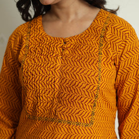 Orange Block Print Cotton Pintuck Straight Bagh Kurta For Women