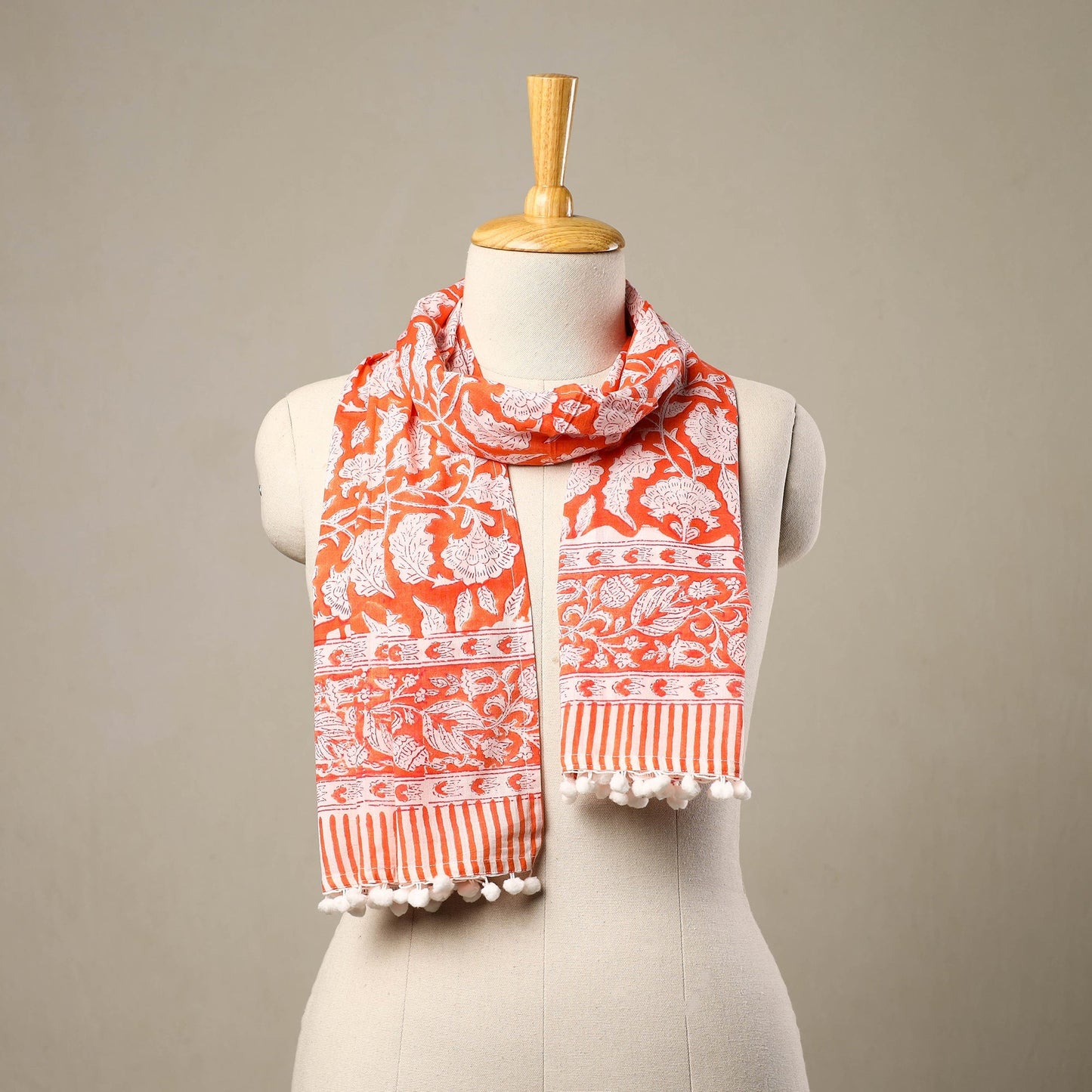  Block Print Cotton Orange Sanganeri Stole with Pom Pom