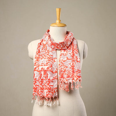 Buy Block Print Cotton Orange Sanganeri Stole with Tassels
