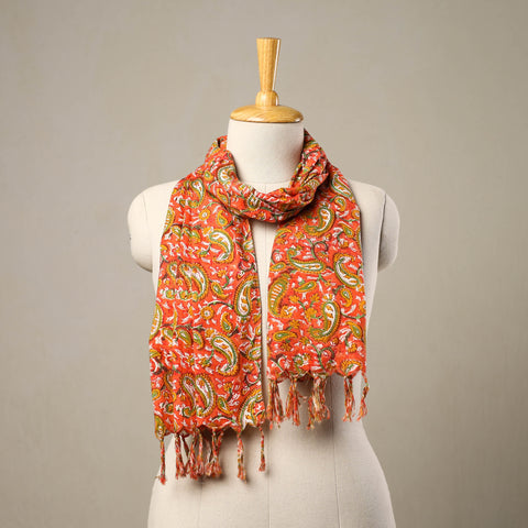 Buy Block Print Cotton Orange Sanganeri Stole with Tassels