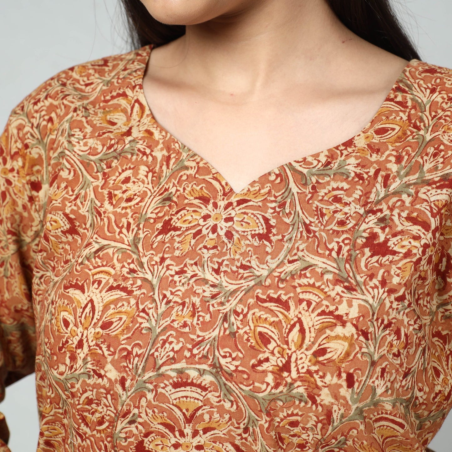 Orange Block Print Cotton Straight Kalamkari Kurta For Women