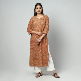 Orange Block Print Cotton Straight Kalamkari Kurta For Women