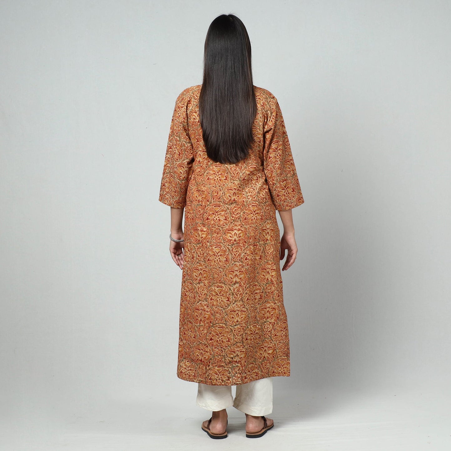 Orange Block Print Cotton Straight Kalamkari Kurta For Women