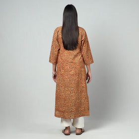 Orange Block Print Cotton Straight Kalamkari Kurta For Women