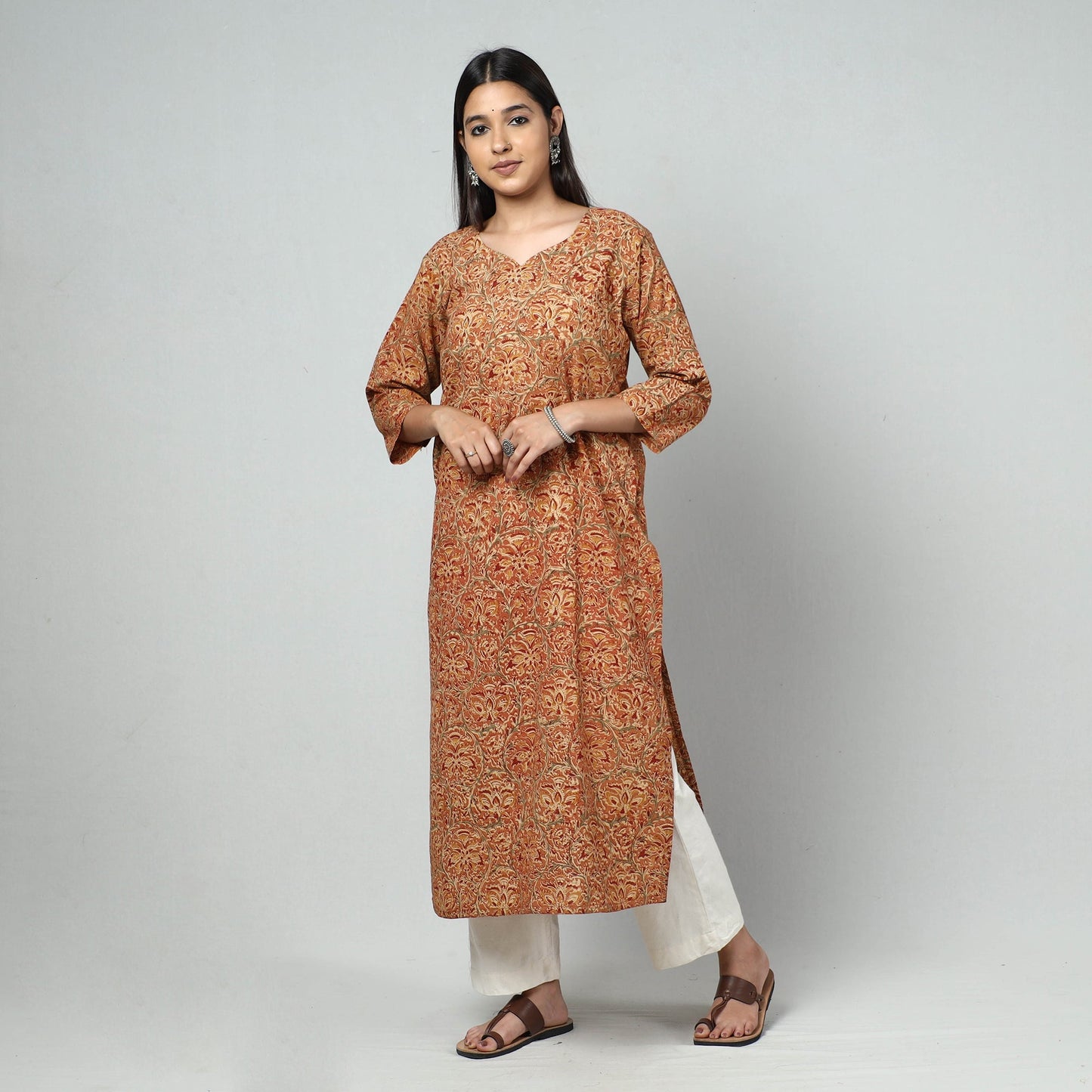 Orange Block Print Cotton Straight Kalamkari Kurta For Women