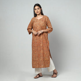 Orange Block Print Cotton Straight Kalamkari Kurta For Women