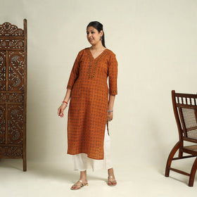 Buy Orange Block Print Mul Cotton Straight Bagh Kurta for Women
