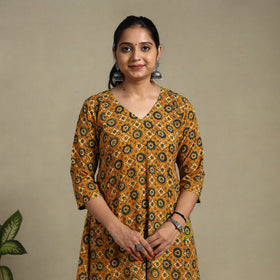 Orange Block Print Natural Dyed Cotton A-Line Ajrakh Kurta