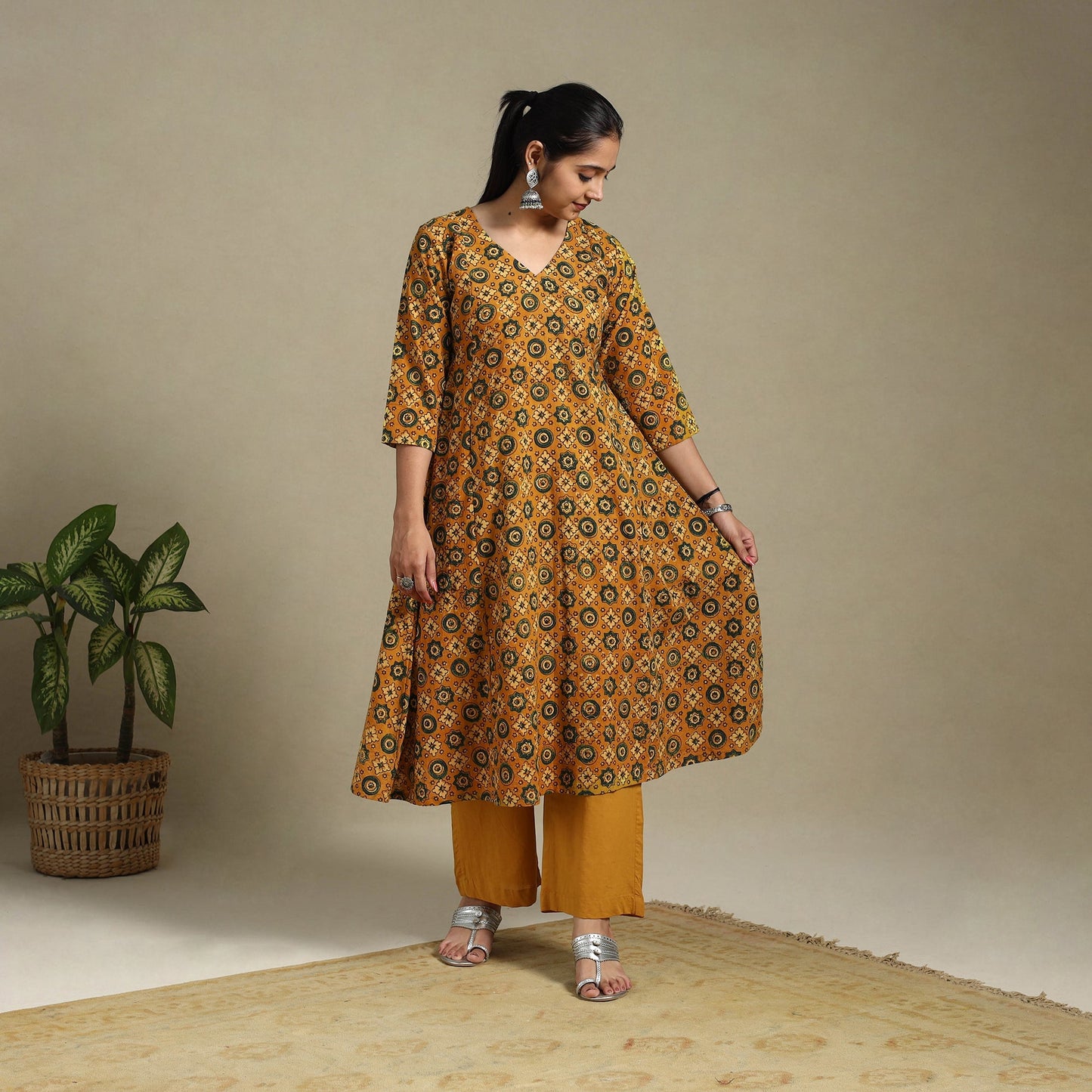 Orange Block Print Natural Dyed Cotton A-Line Ajrakh Kurta