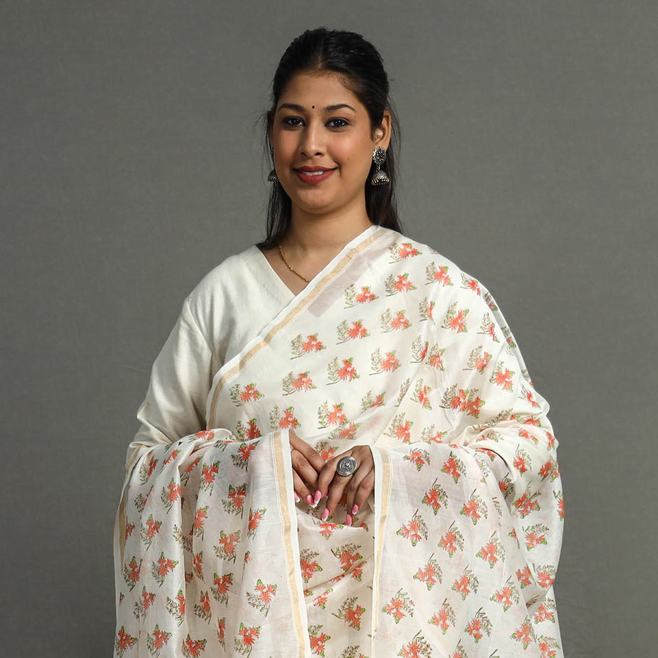  Orange Block Printed Chanderi Silk Sanganeri Dupatta
